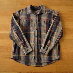 Orvis Plaid Flannel Button Up Shirt Brown Navy Red Cotton XL Outdoor Layering